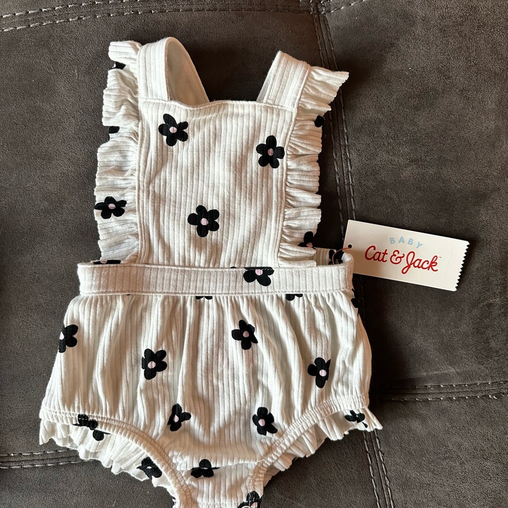 Cat & Jack Ruffle Romper with Black Floral Accents